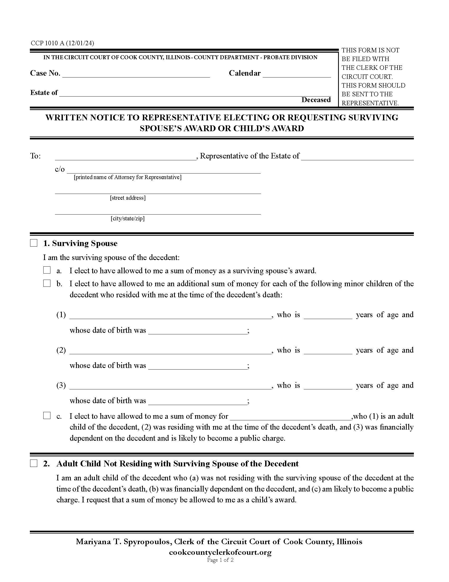 Written Notice To Representative Electing-Requesting Surviving Spouses-Childs Award {CCP 1010} | Pdf Fpdf Docx | Illinois