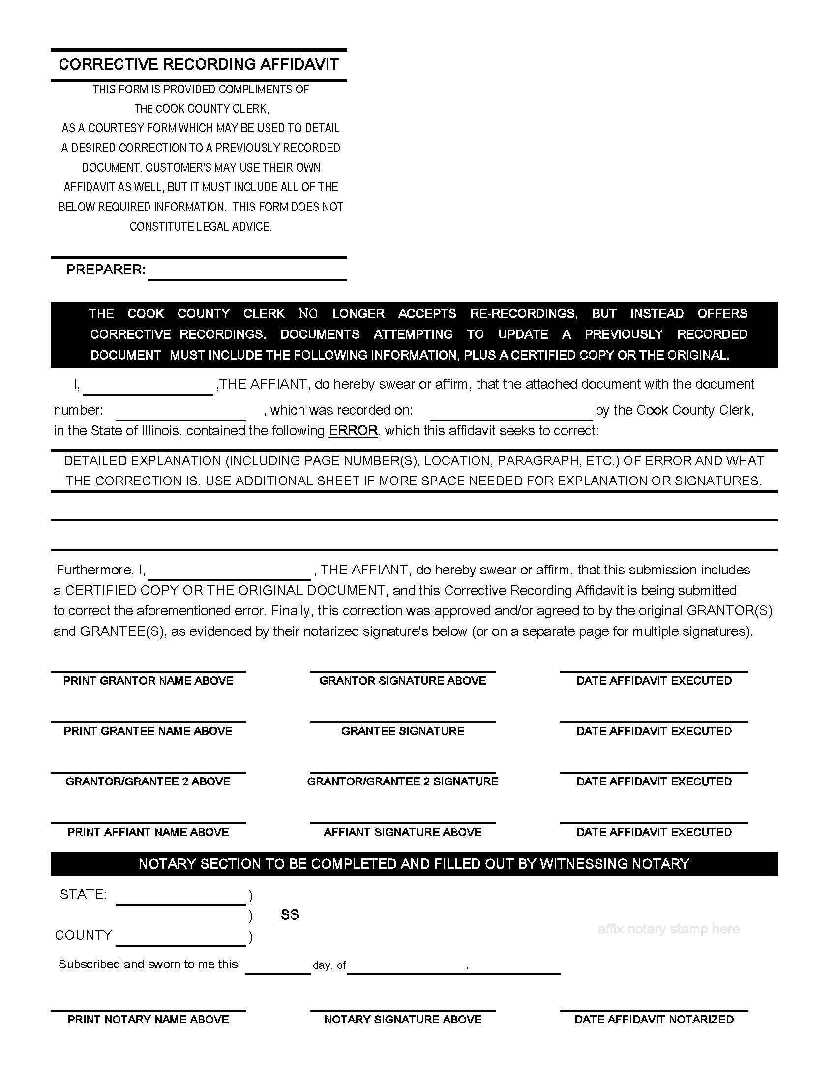 Corrective Recording Affidavit | Pdf Fpdf Docx | Illinois