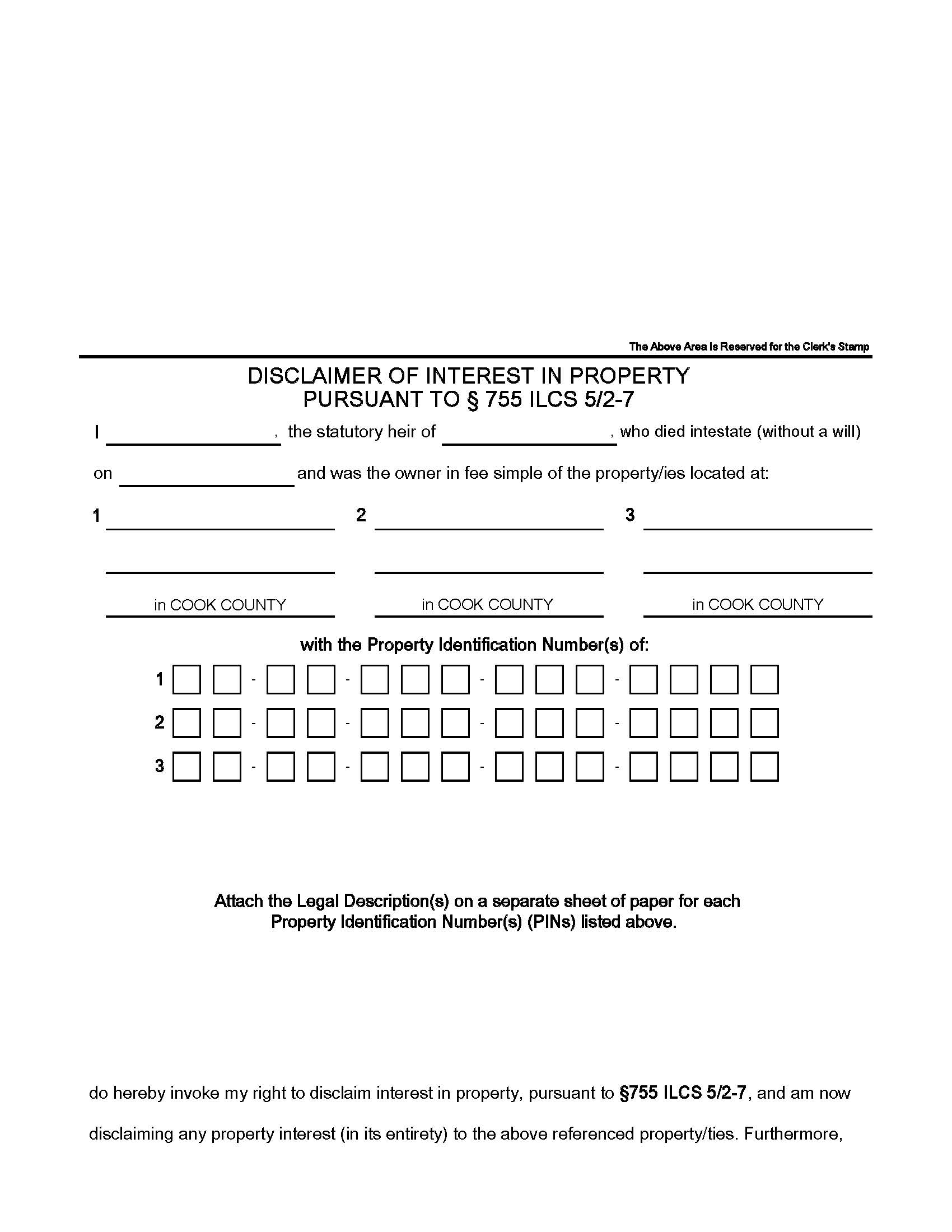 Disclaimer Of Interest In Property (By Statutory Heir) | Pdf Fpdf Docx | Illinois