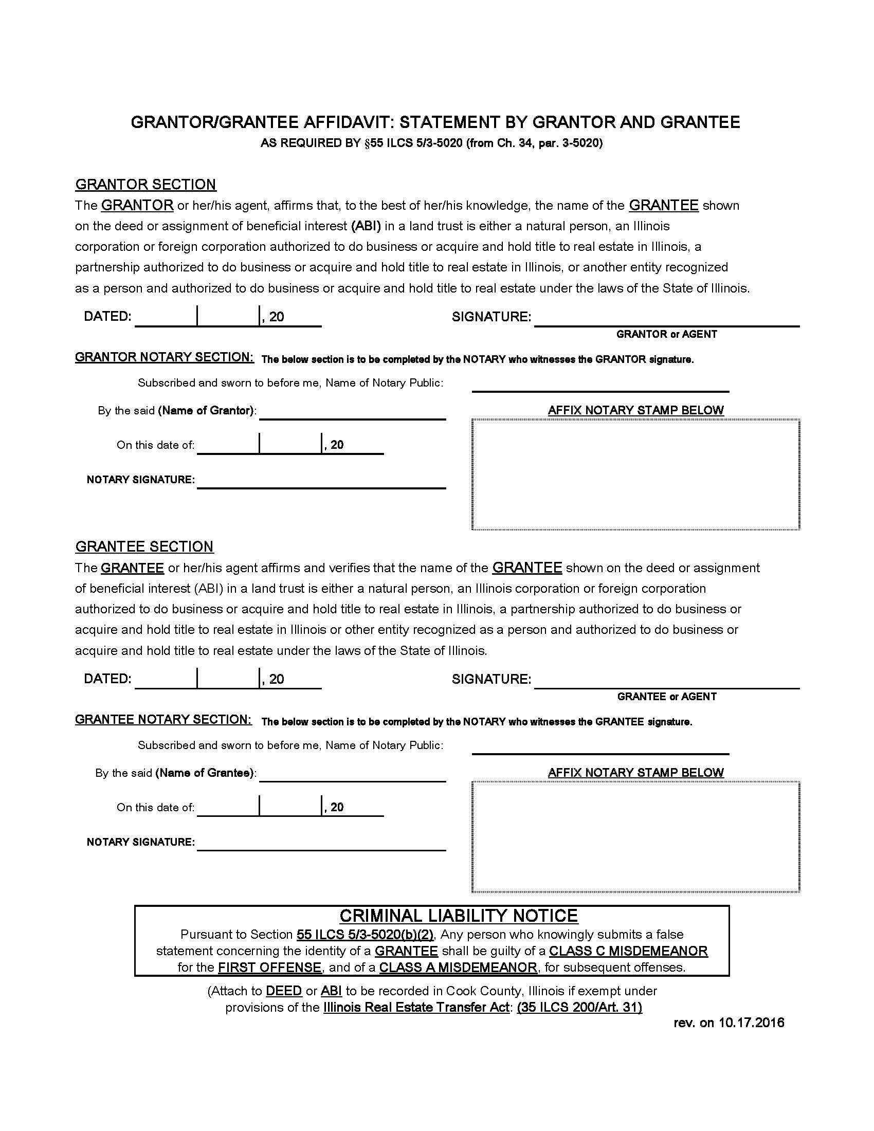 Grantor-Grantee Affidavit | Pdf Fpdf Docx | Illinois