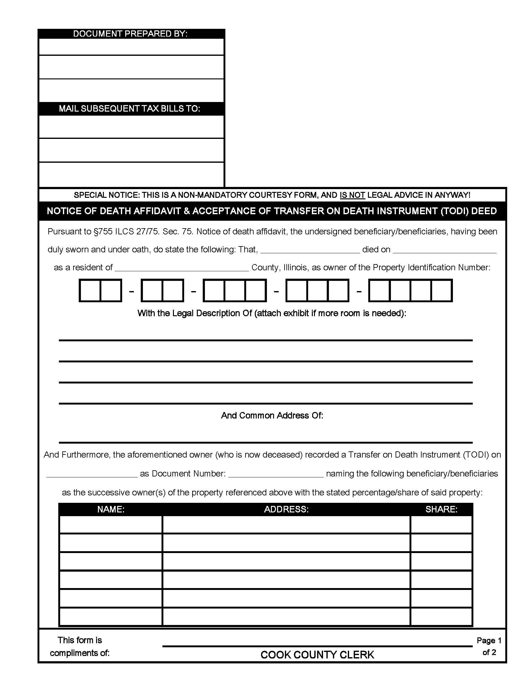 Notice Of Death Affidavit Acceptance Of Transfer On Death Instrument (TODI) | Pdf Fpdf Docx | Illinois
