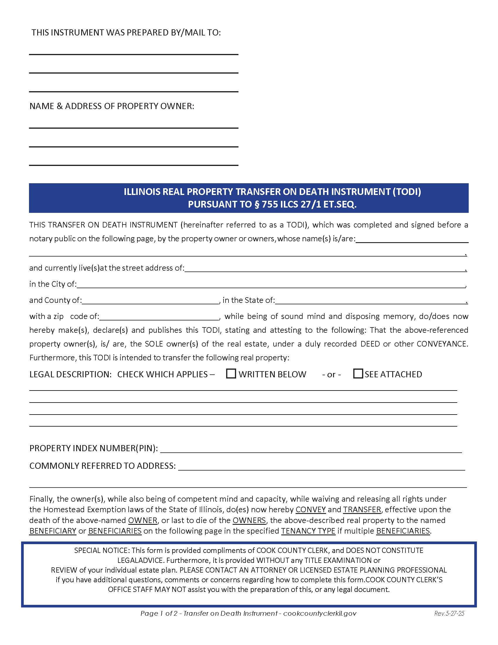 Real Property Transfer On Death Instrument (TODI) | Pdf Fpdf Docx | Illinois