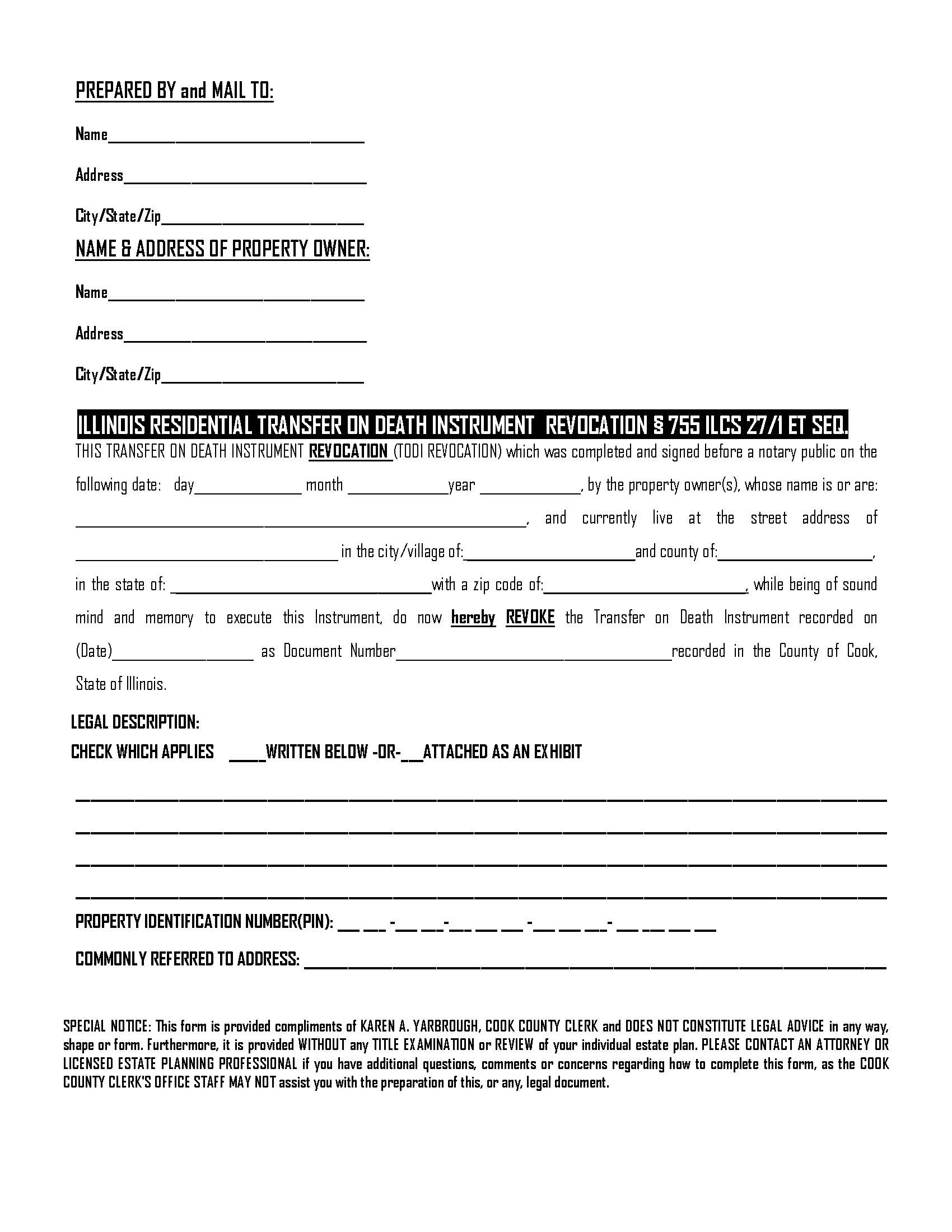 Residential Transfer On Death Instrument Revocation | Pdf Fpdf Docx | Illinois