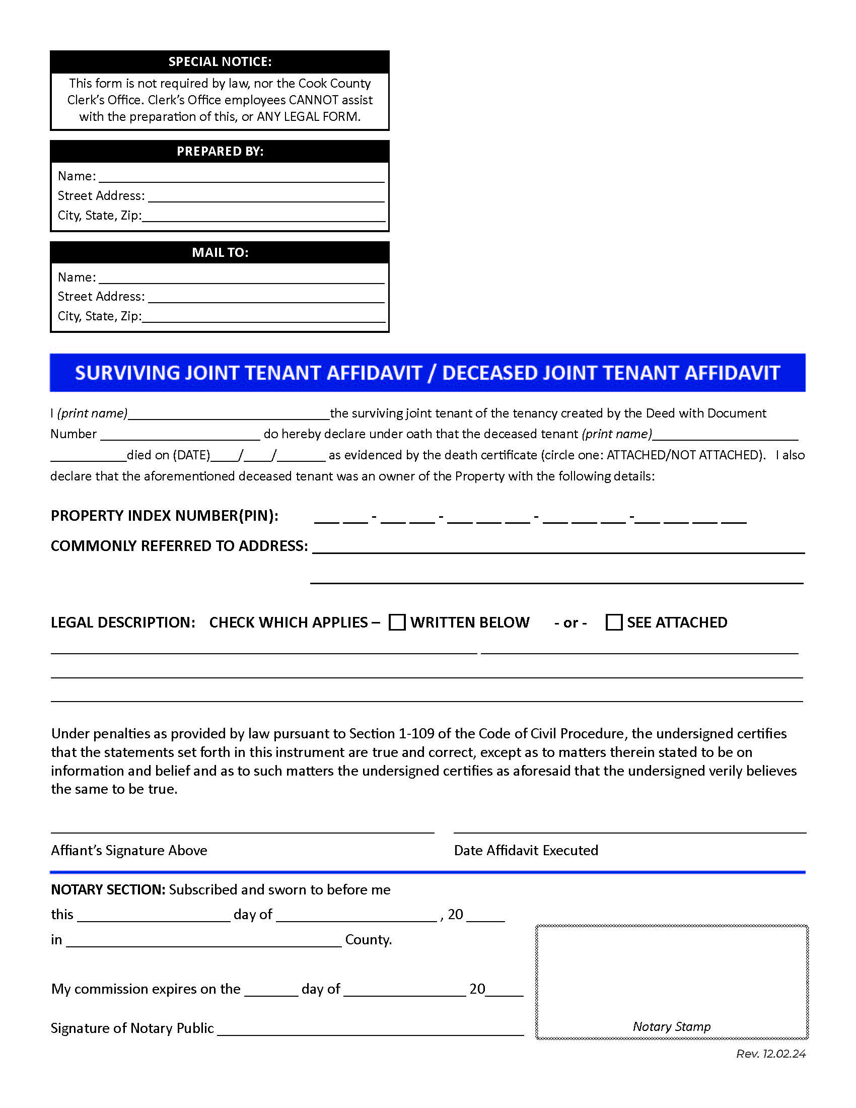 Surviving Tenant Affidavit (Deceased Joint Tenancy Affidavit) | Pdf Fpdf Docx | Illinois