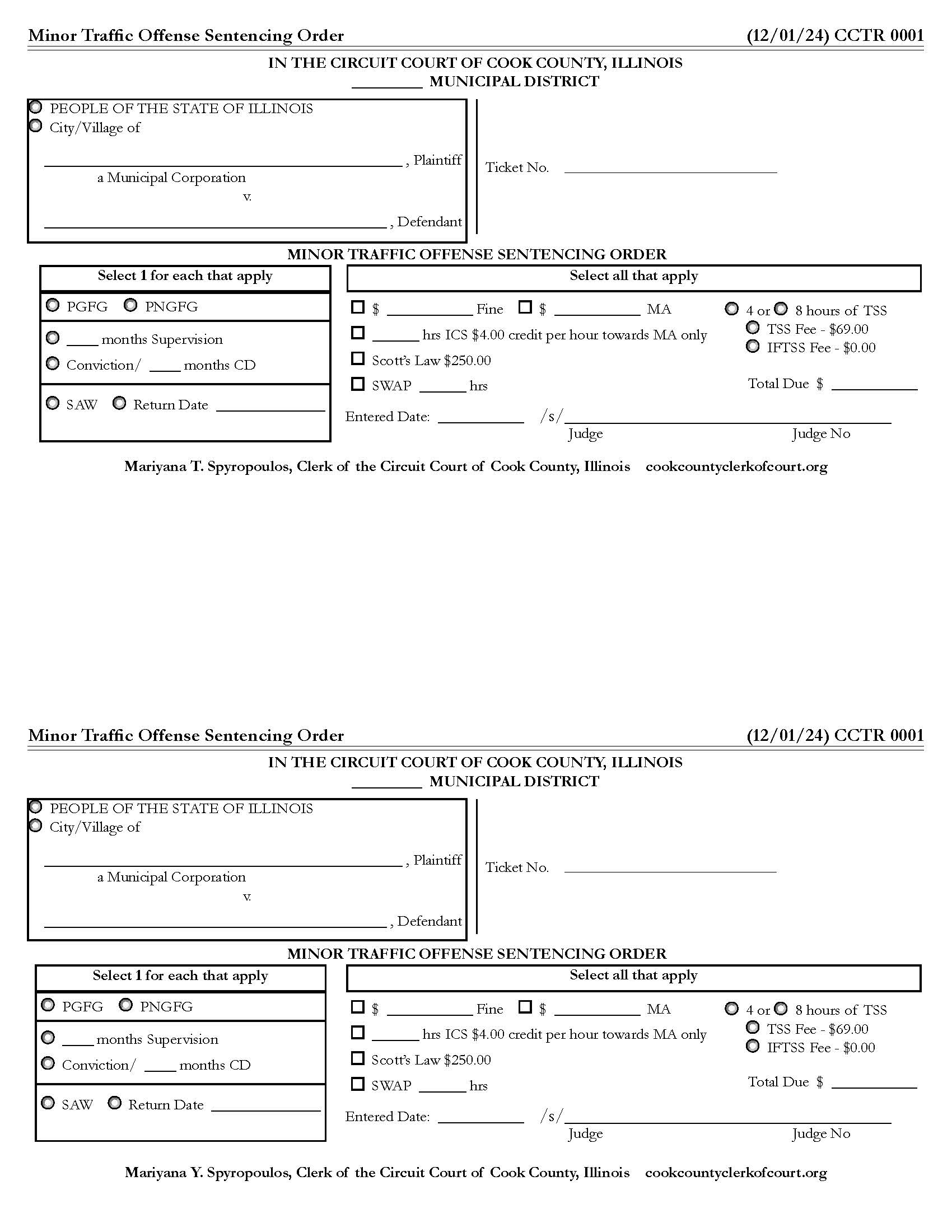 Minor Traffic Offense Sentencing Order {CCTR 0001} | Pdf Fpdf Docx | Illinois
