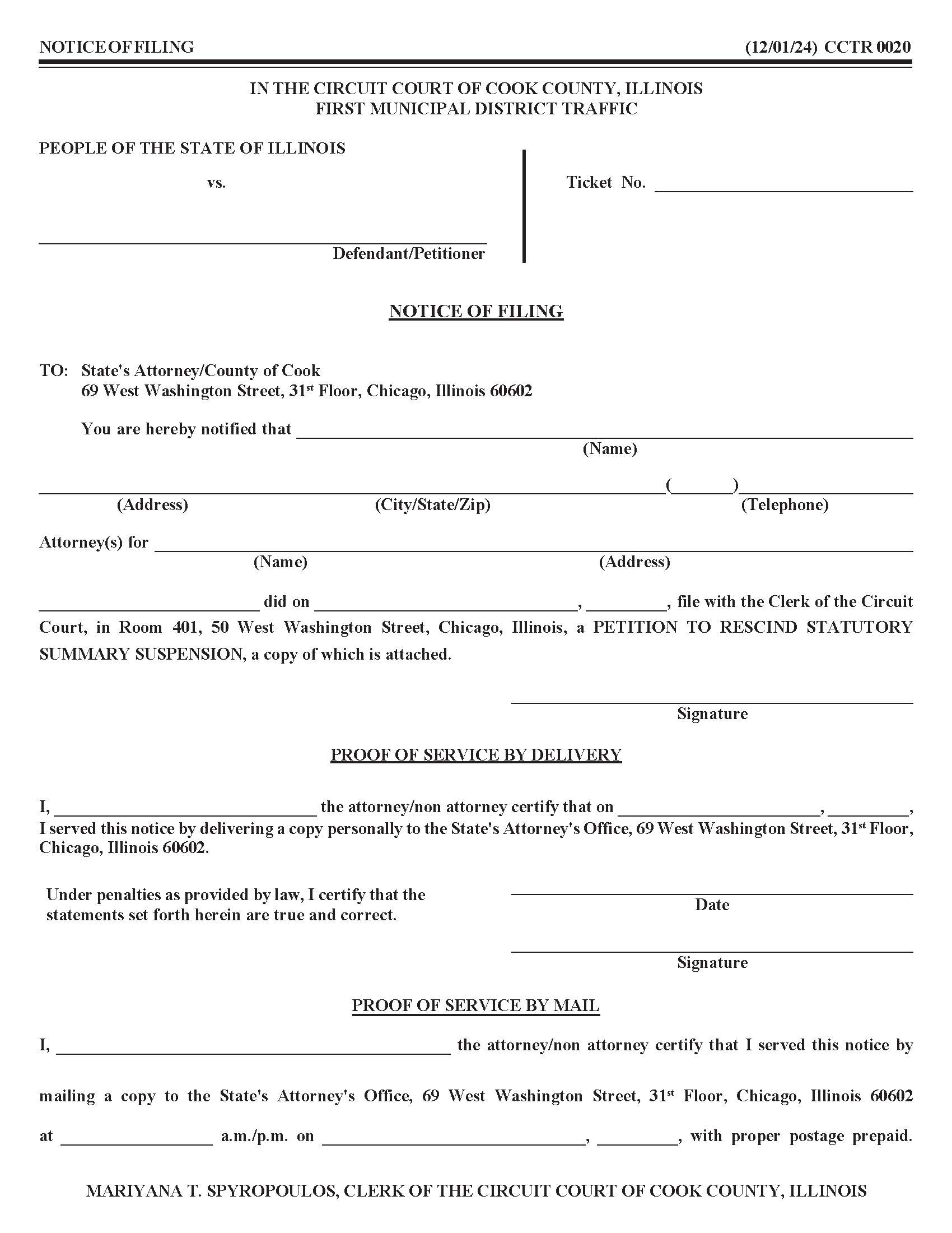 Notice Of Filing {CCTR 0020} | Pdf Fpdf Docx | Illinois