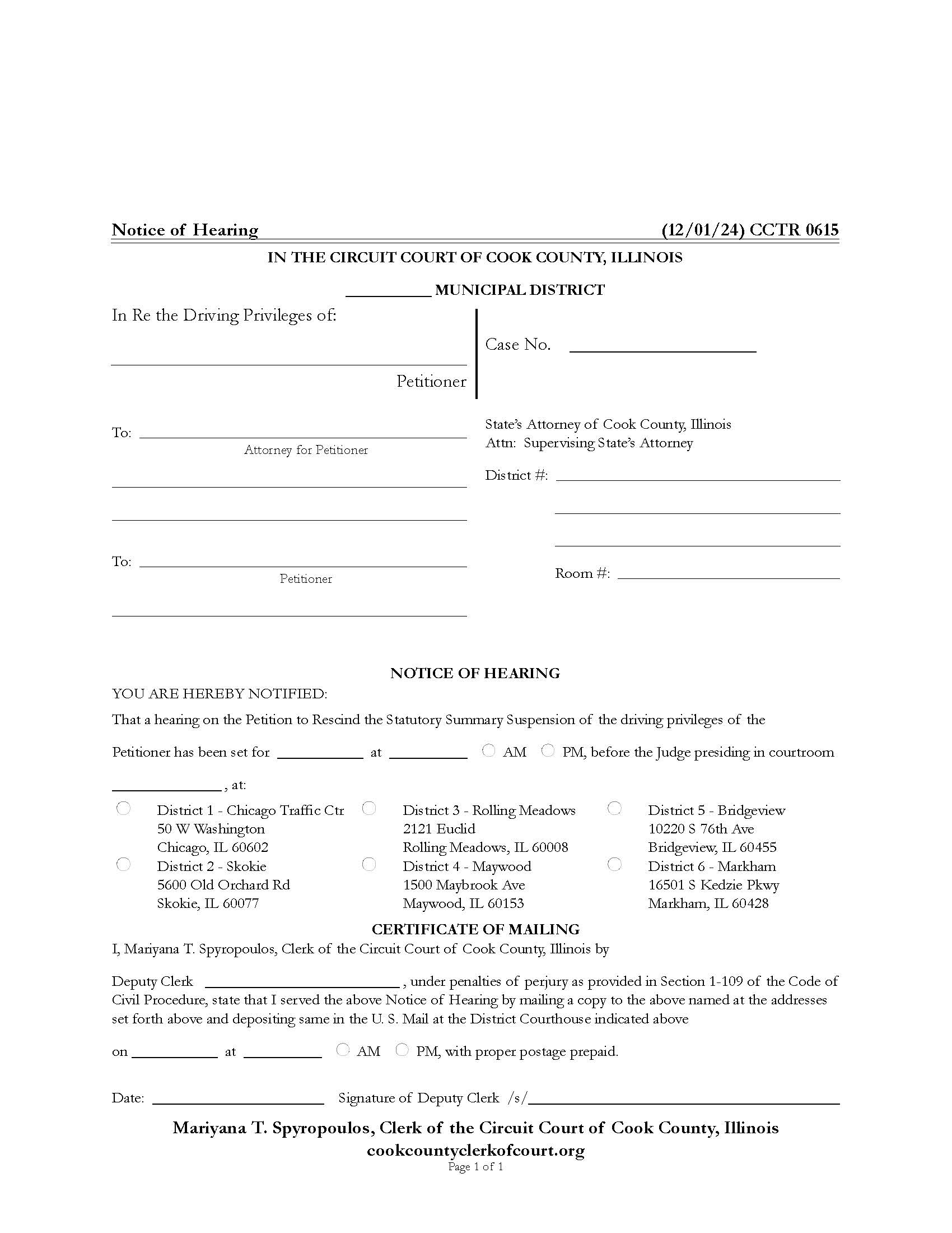 Notice Of Hearing {CCTR 0615} | Pdf Fpdf Docx | Illinois
