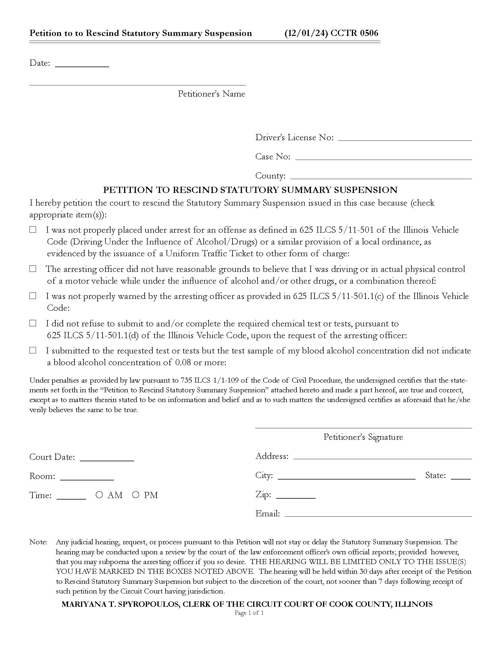 Petition To Rescind Statutory Summary Suspension {CCTR 0506} | Pdf Fpdf Docx | Illinois