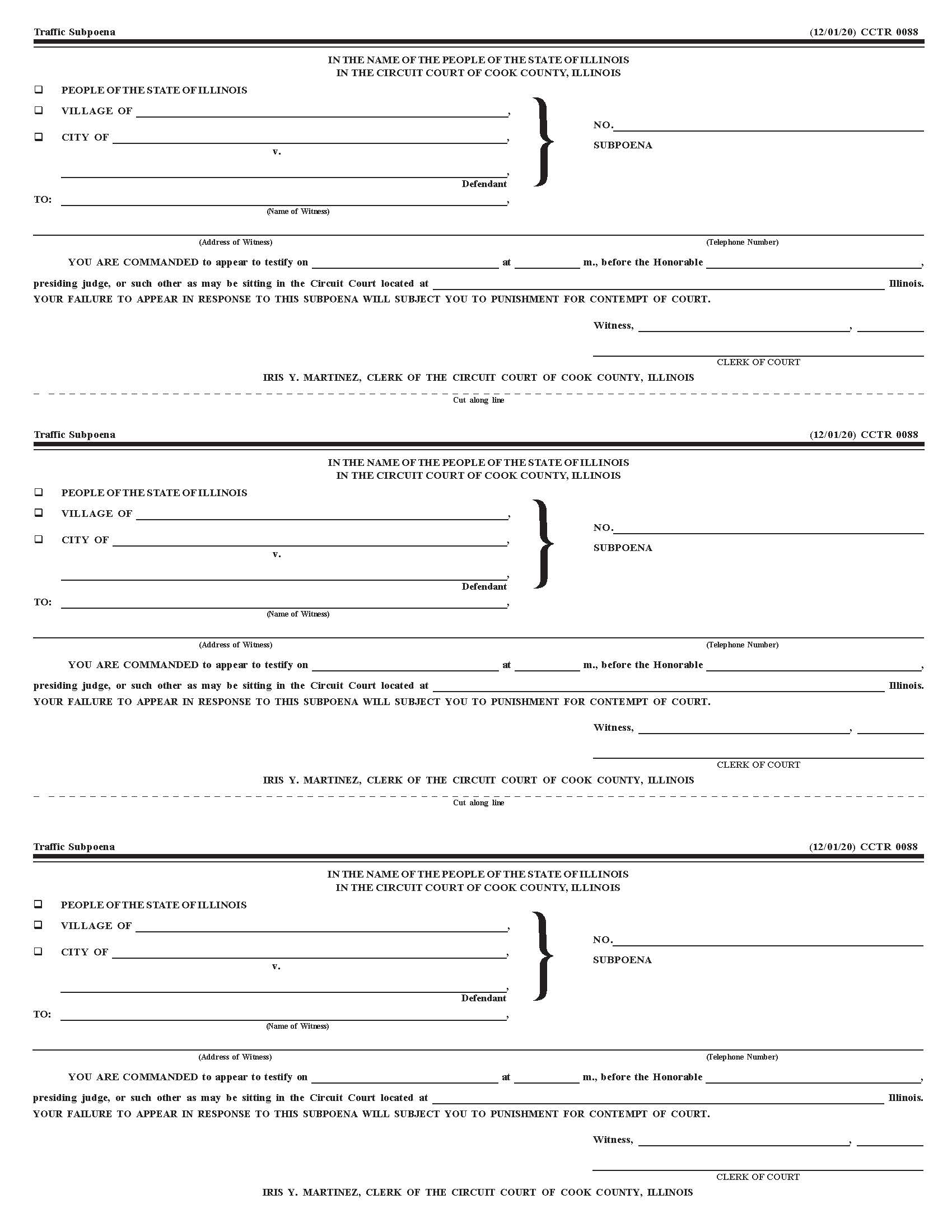 Traffic Subpoena {CCTR 0088} | Pdf Fpdf Docx | Illinois