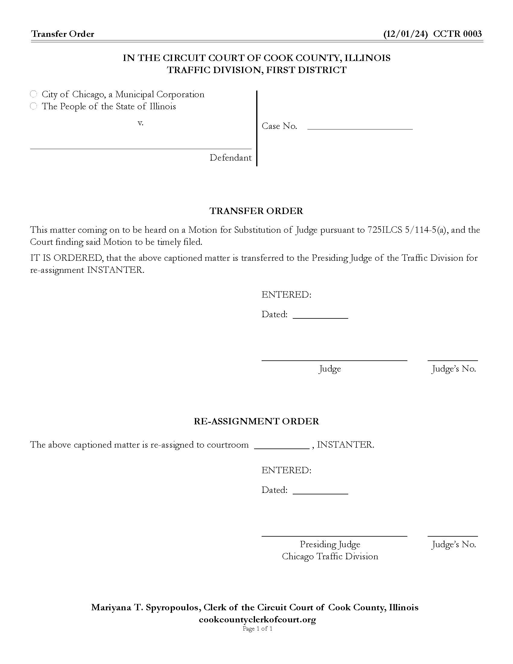 Transfer Order {CCTR 0003} | Pdf Fpdf Docx | Illinois