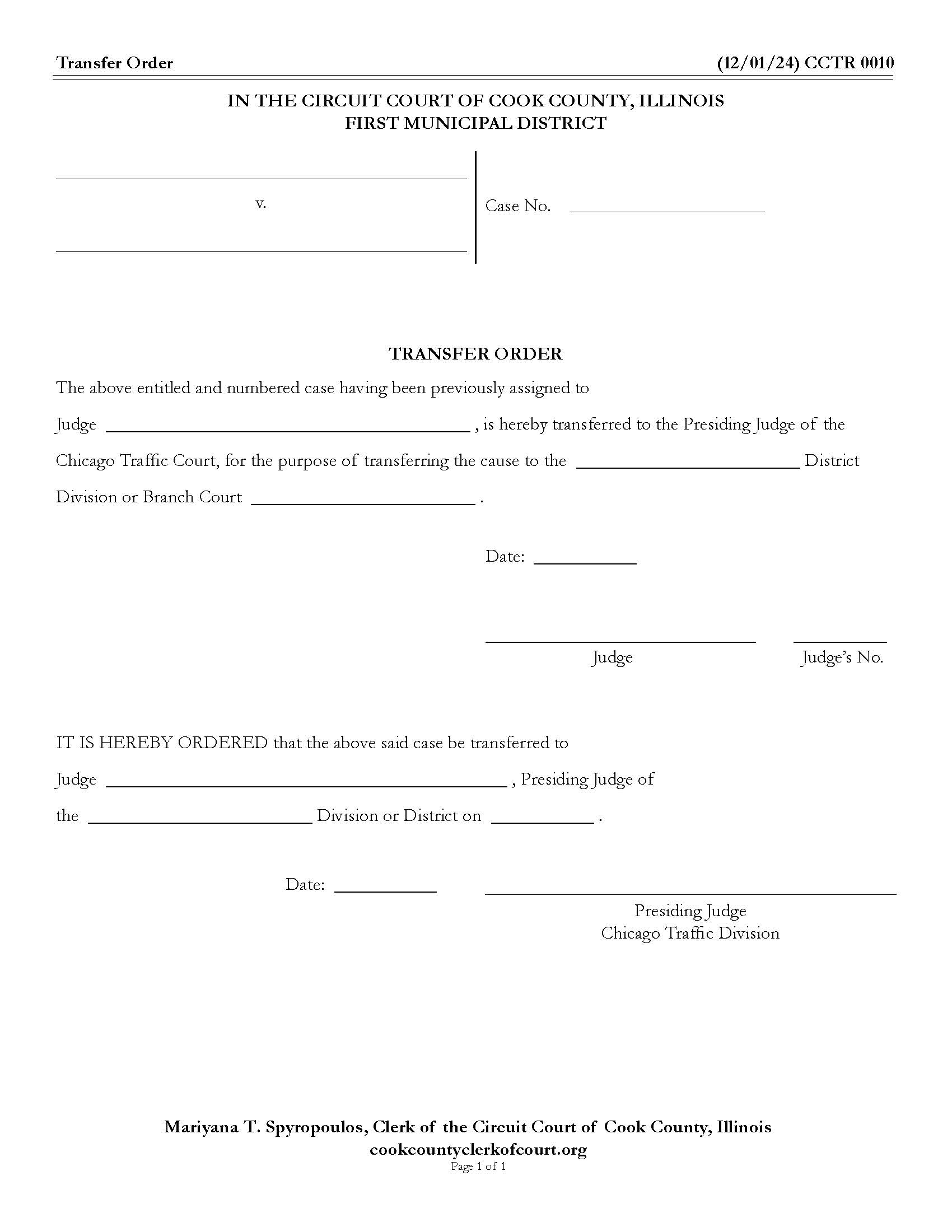 Transfer Order {CCTR 0010} | Pdf Fpdf Docx | Illinois