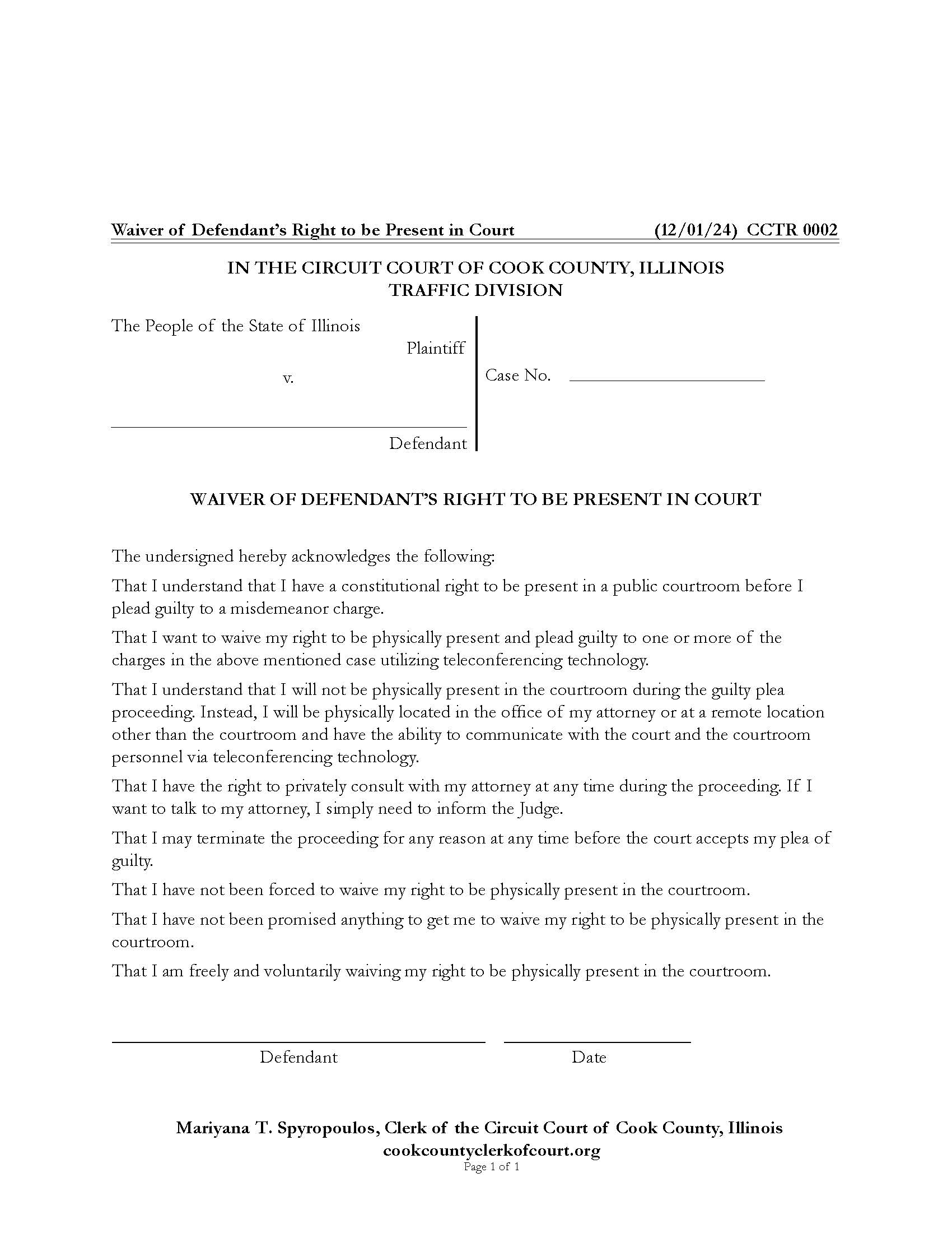 Waiver Of Defendants Right To Be Present In Court {CCTR 0002} | Pdf Fpdf Docx | Illinois