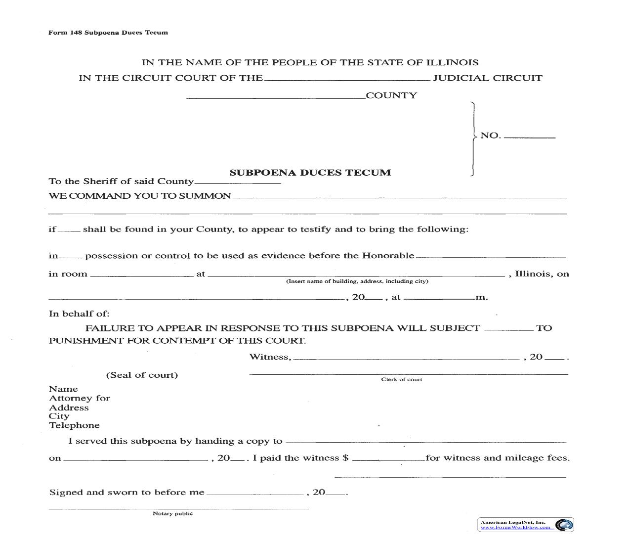 Subpoena Duces Tecum | Pdf Fpdf Doc Docx | Illinois