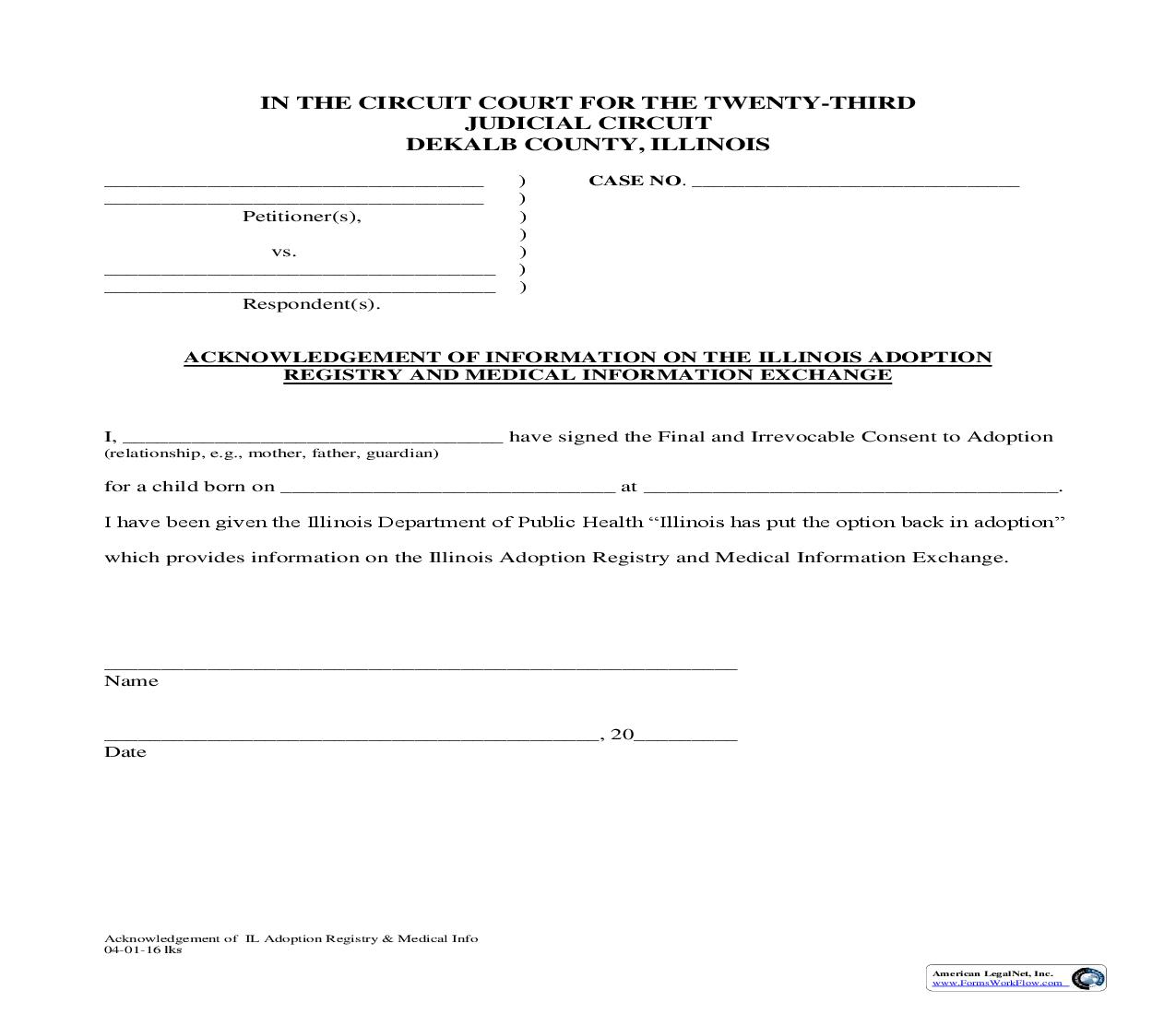 Acknowledgment Of Information On IL Adoption Registry | Pdf Fpdf Doc Docx | Illinois