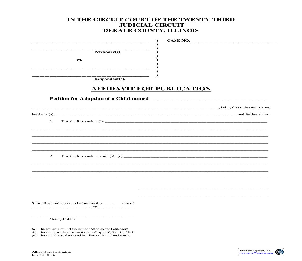 Affidavit For Publication (Adoption) | Pdf Fpdf Doc Docx | Illinois