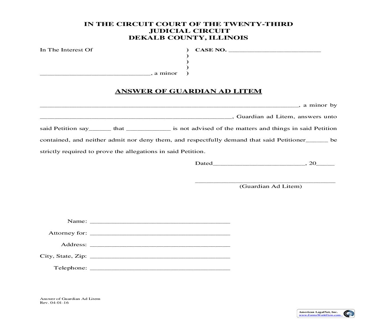 Answer Of Guardian Ad Litem | Pdf Fpdf Doc Docx | Illinois