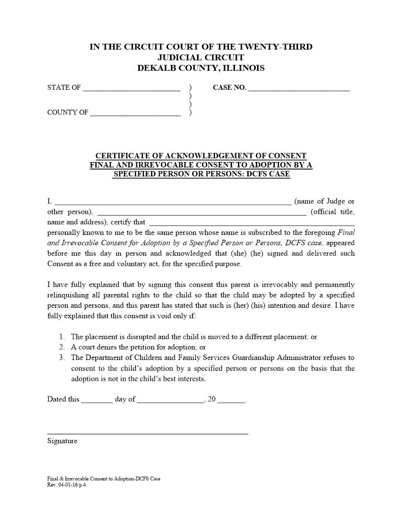 Certificate Of Acknowledgment Final Irrevocable Consent To Adoption DCFS Case | Pdf Fpdf Docx | Illinois