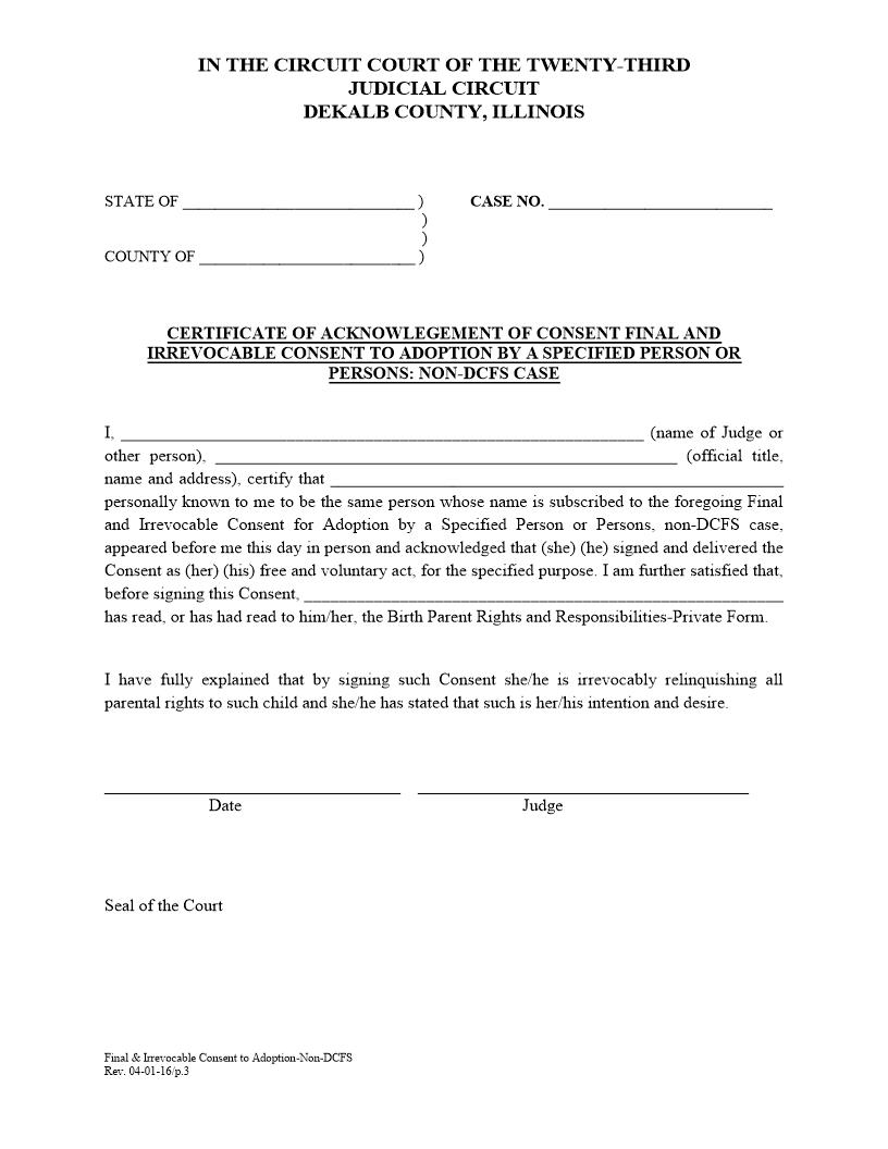 Certificate Of Acknowledgment Final Irrevocable Consent To Adoption Non-DCFS Case | Pdf Fpdf Docx | Illinois