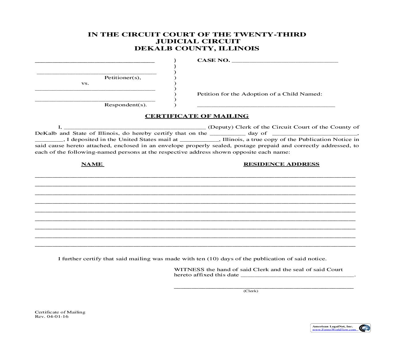 Certificate Of Mailing (Publication Notice Adoption) | Pdf Fpdf Doc Docx | Illinois