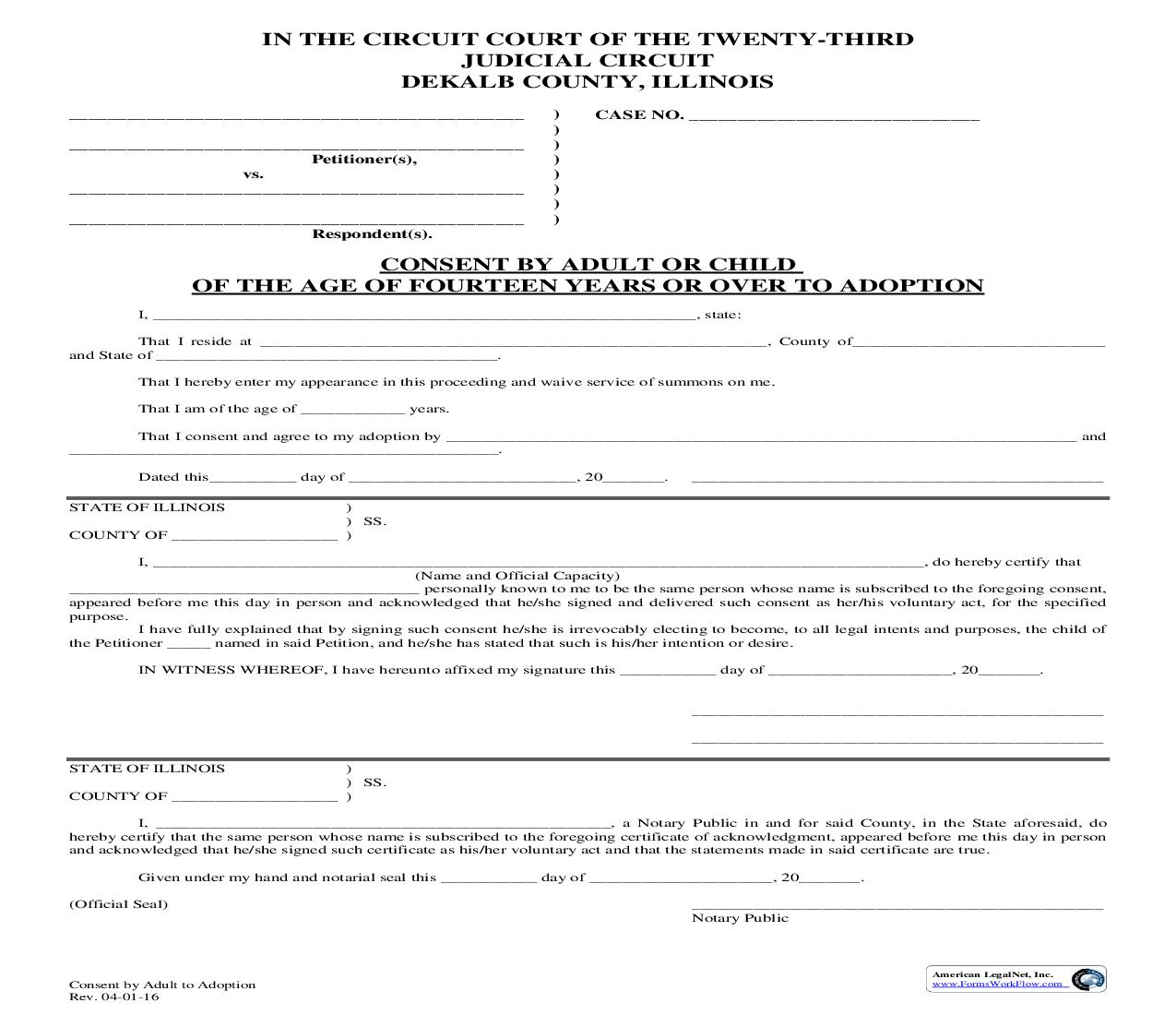 Consent By Adult Or Child 14 Or Over To Adoption | Pdf Fpdf Doc Docx | Illinois