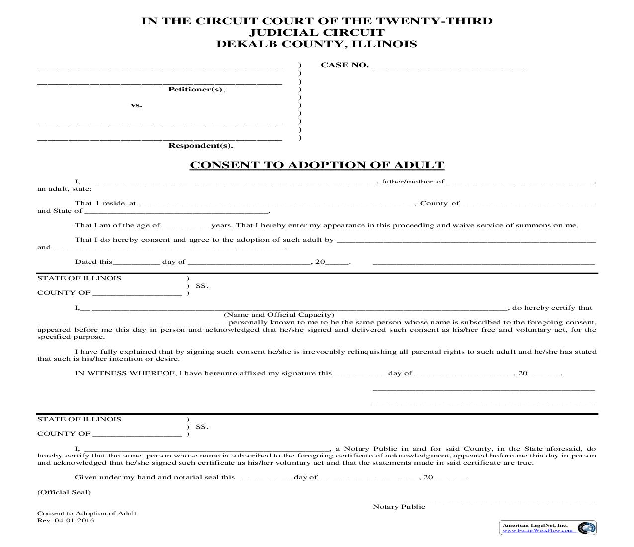 Consent To Adoption Of Adult | Pdf Fpdf Doc Docx | Illinois