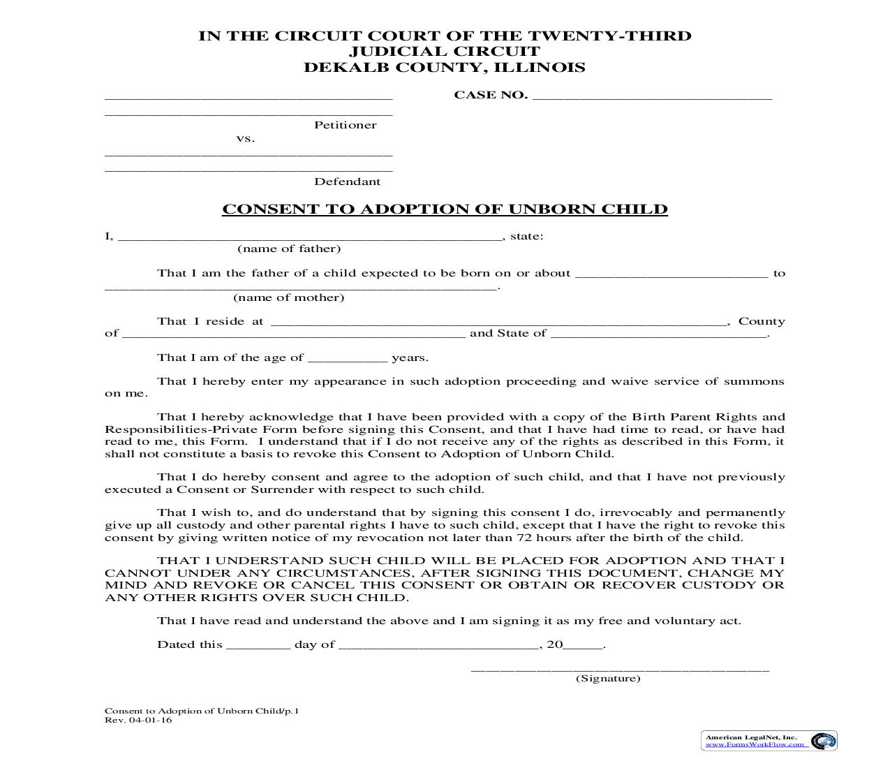 Consent To Adoption Of Unborn Child | Pdf Fpdf Doc Docx | Illinois