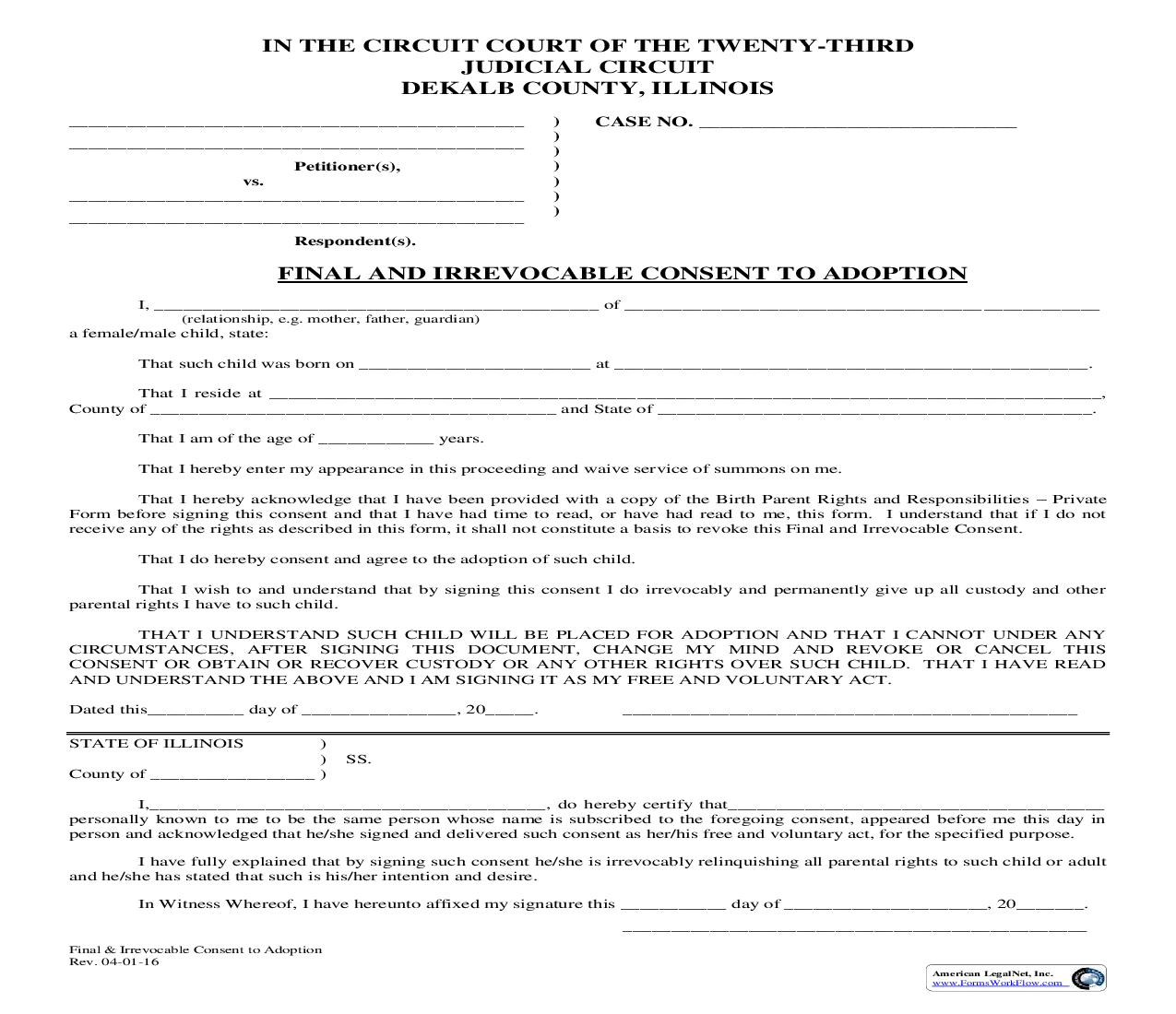 Final And Irrevocable Consent To Adoption | Pdf Fpdf Doc Docx | Illinois