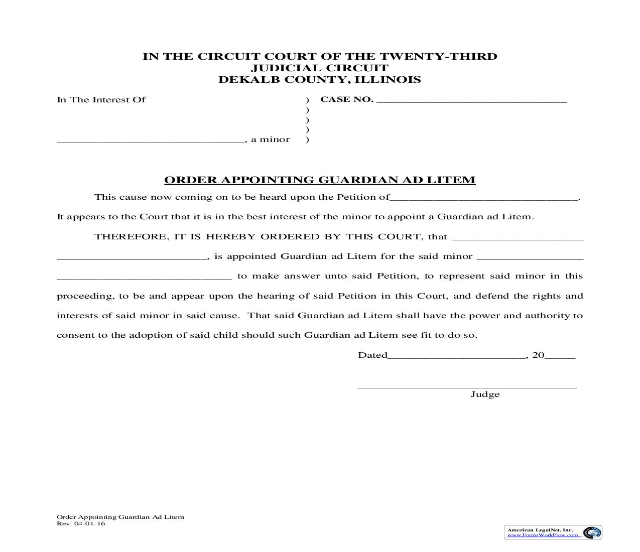 Order Appointing Guardian Ad Litem | Pdf Fpdf Doc Docx | Illinois
