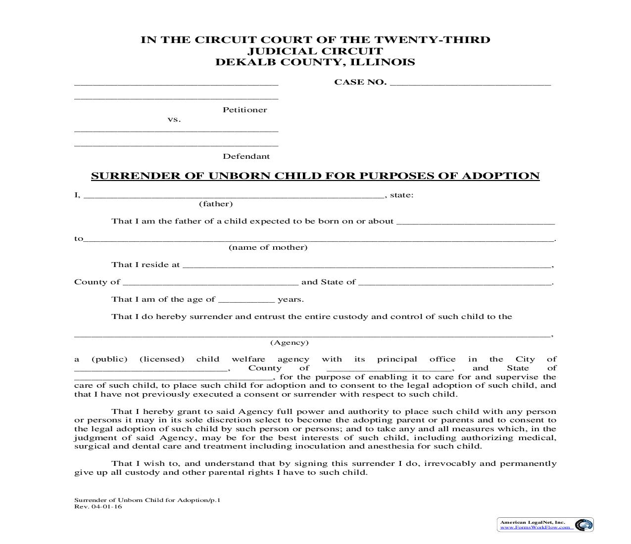 Surrender Of Unborn Child For Purposes Of Adoption | Pdf Fpdf Doc Docx | Illinois