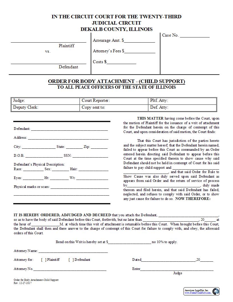 Order For Body Attachment (Child Support) | Pdf Fpdf Docx | Illinois