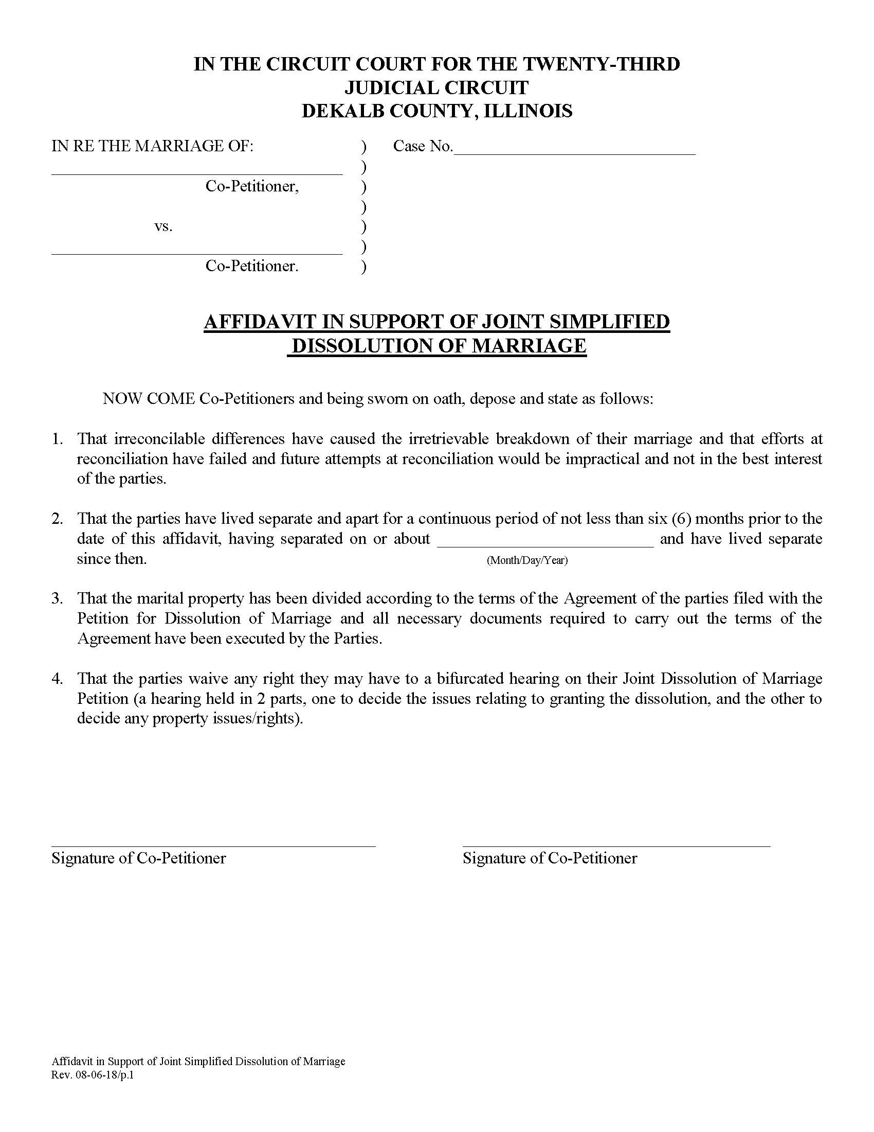 Affidavit In Support Of Joint Simplified Dissolution Of Marriage | Pdf Fpdf Docx | Illinois