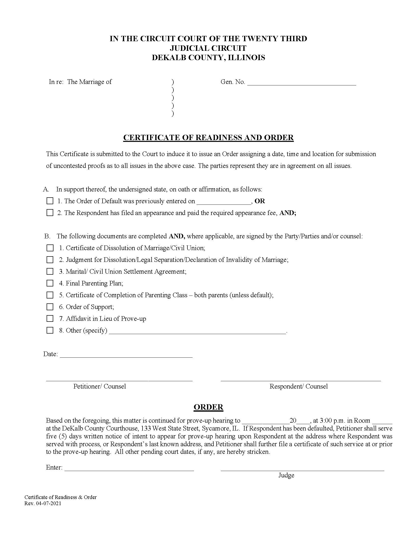 Certificate Of Readiness And Order | Pdf Fpdf Docx | Illinois