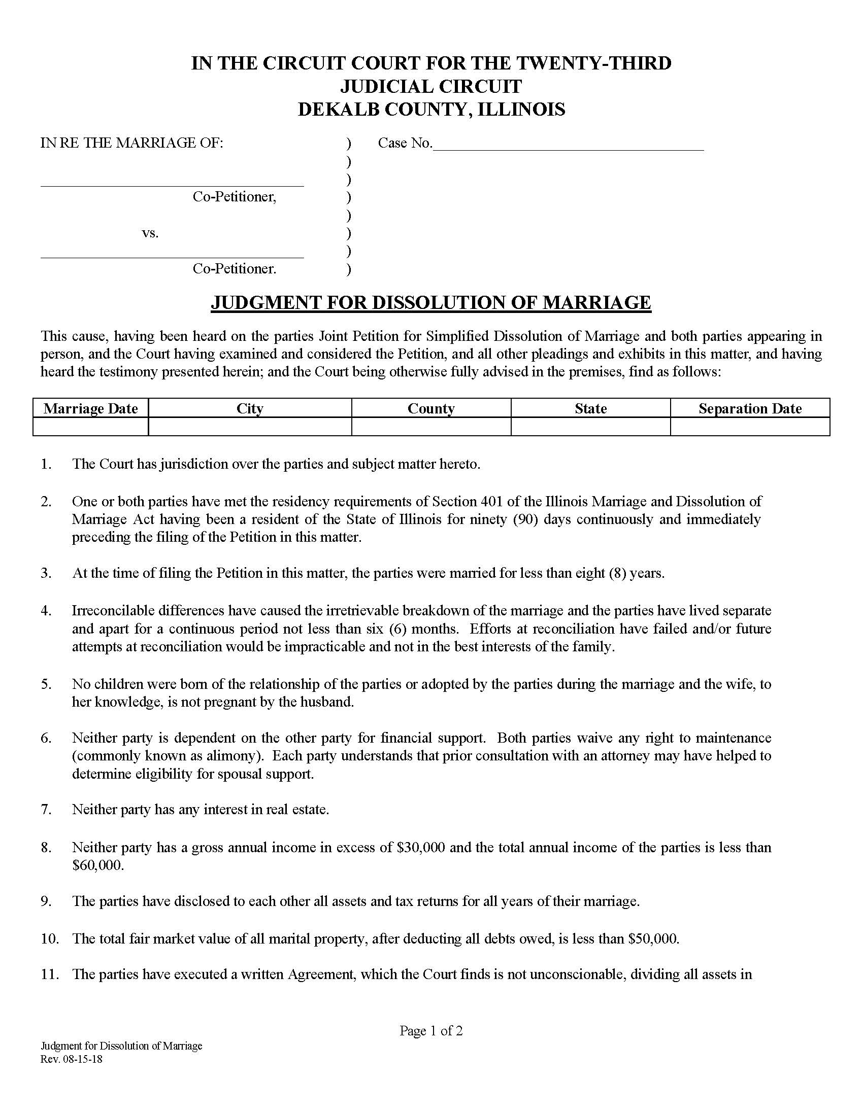Judgment For Dissollution Of Marriage | Pdf Fpdf Docx | Illinois