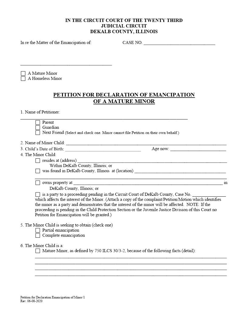 Petition For Declaration Of Emancipation Of Mature Minor | Pdf Fpdf Docx | Illinois