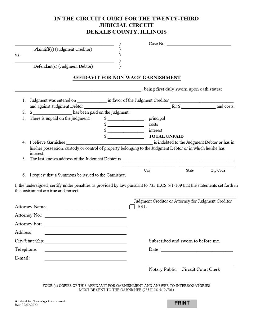 Affidavit For Non-Wage Garnishment | Pdf Fpdf Docx | Illinois