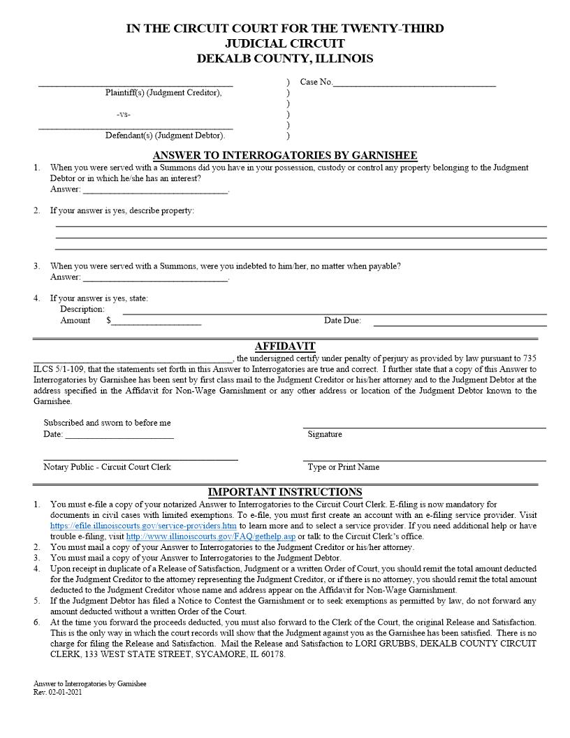 Answer To Interrogatories By Garnishee | Pdf Fpdf Docx | Illinois
