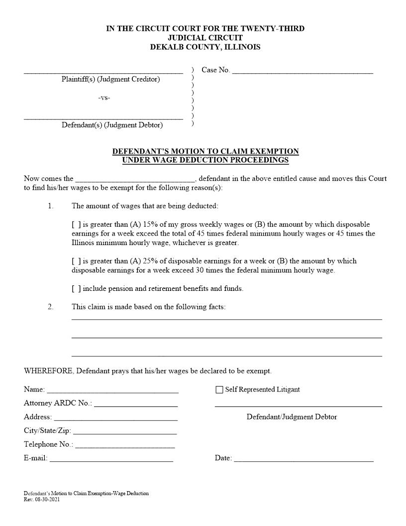 Defendants Motion To Claim Exemption Under Wage Deduction Proceedings {DEK-DMEWDP} | Pdf Fpdf Docx | Illinois