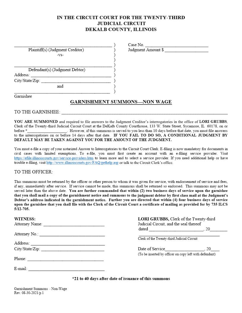 Garnishment Summons - Non-Wage {DEK-GSNW} | Pdf Fpdf Doc Docx | Illinois