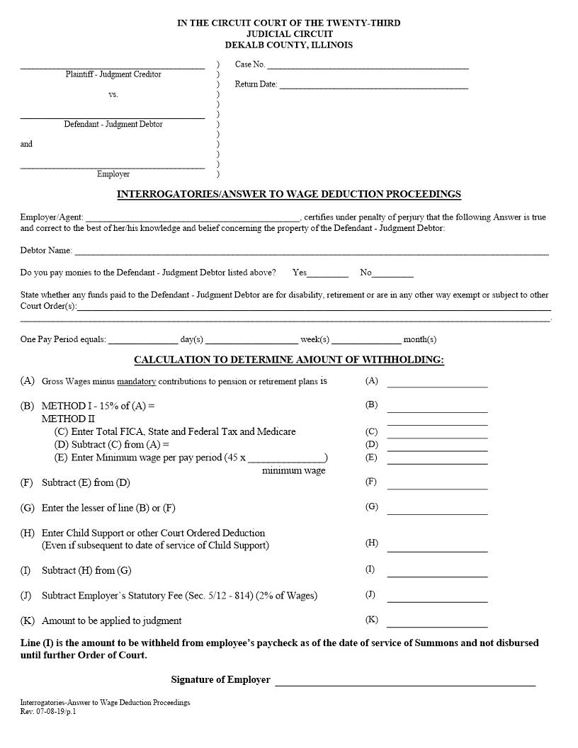 Interrogatories Answer To Wage Deduction Proceedings | Pdf Fpdf Doc Docx | Illinois