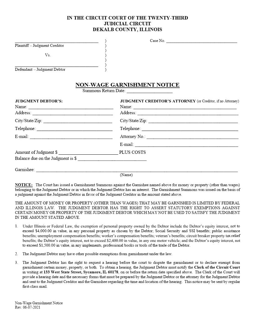 Non-Wage Garnishment Notice | Pdf Fpdf Docx | Illinois