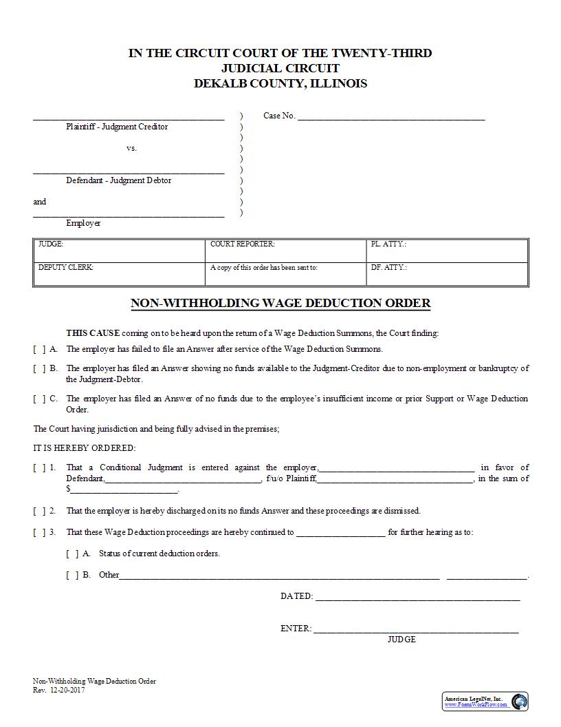 Non-Withholding Wage Deduction Order | Pdf Fpdf Docx | Illinois