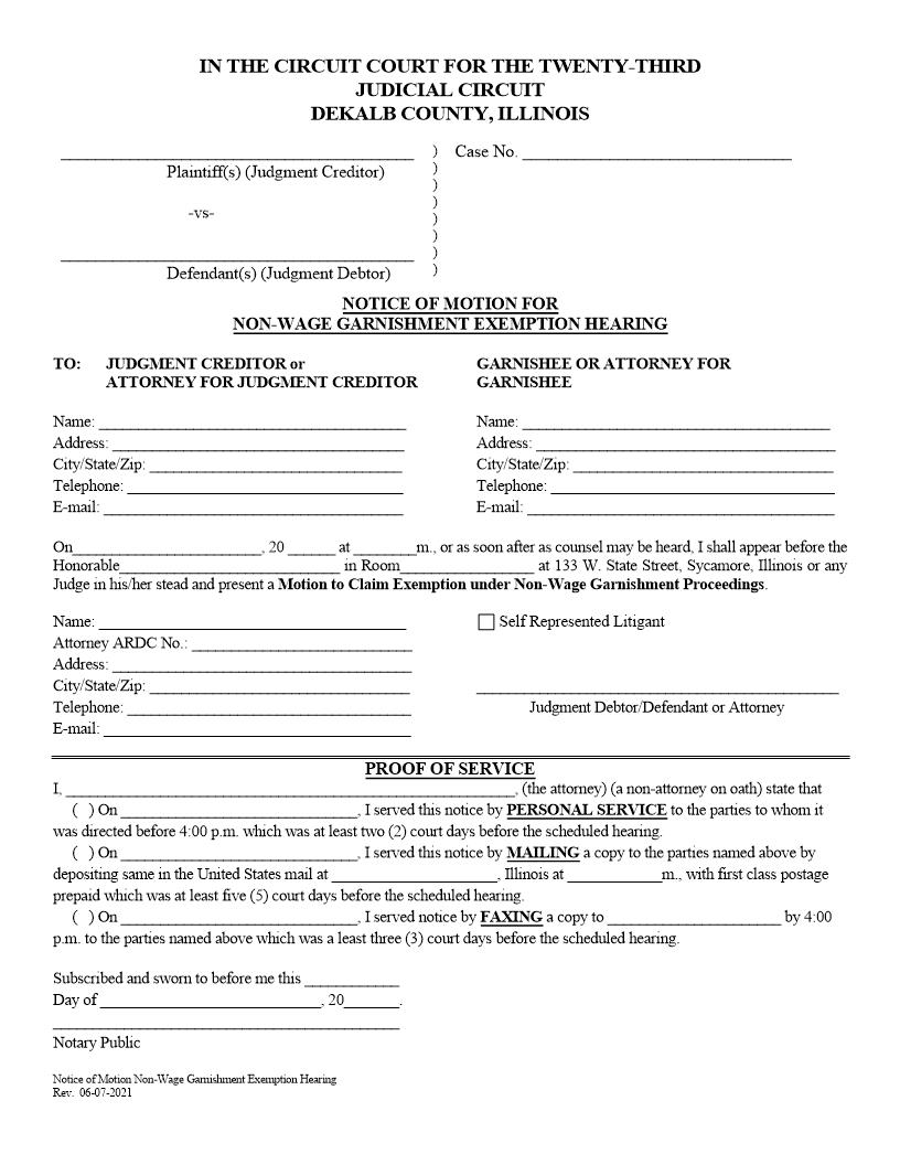 Notice Of Motion For Non-Wage Garnishment Exemption Hearing {DEK-NMNWGEH} | Pdf Fpdf Doc Docx | Illinois