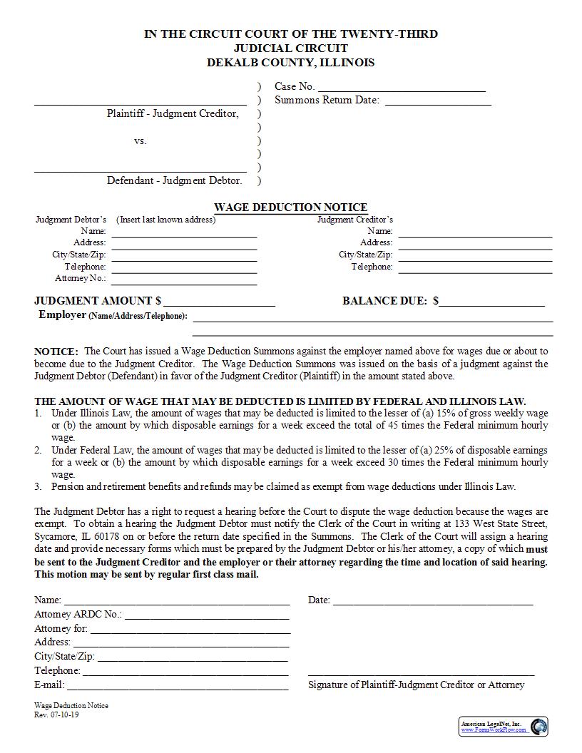 Wage Deduction Notice | Pdf Fpdf Docx | Illinois
