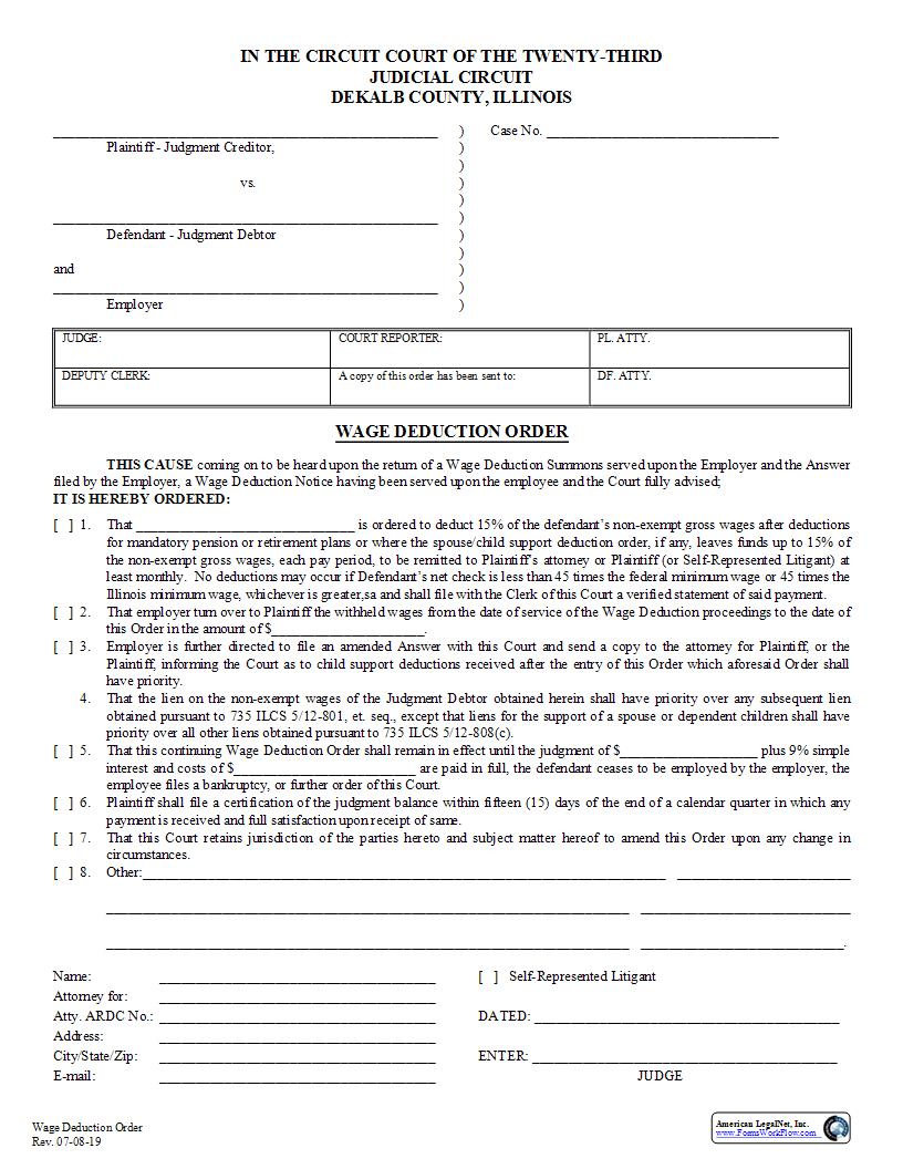 Wage Deduction Order | Pdf Fpdf Docx | Illinois