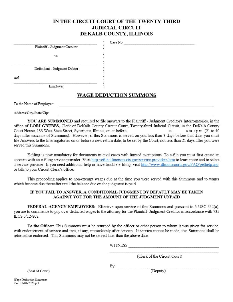Wage Deduction Summons | Pdf Fpdf Docx | Illinois