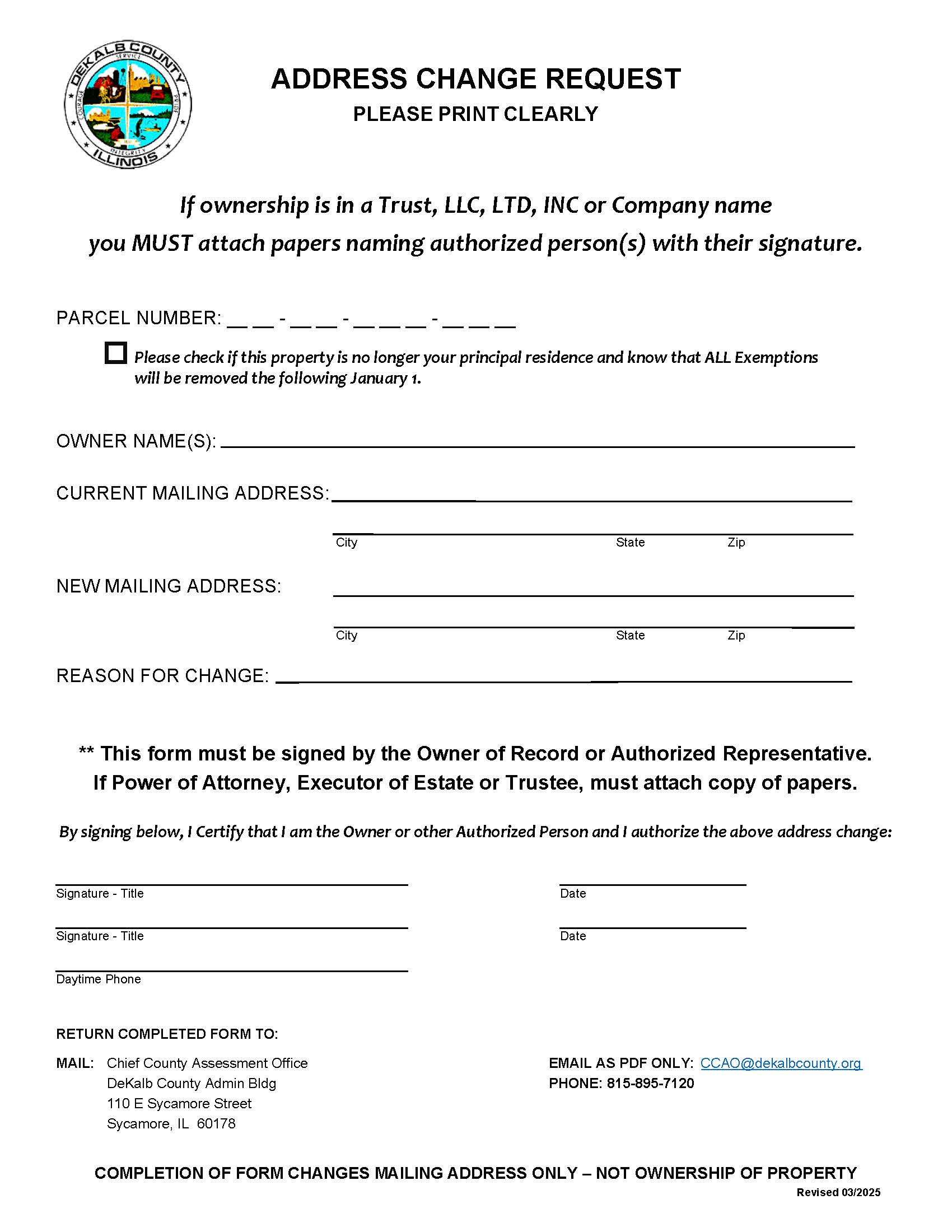 Address Change Request (Real Property) | Pdf Fpdf Docx | Illinois