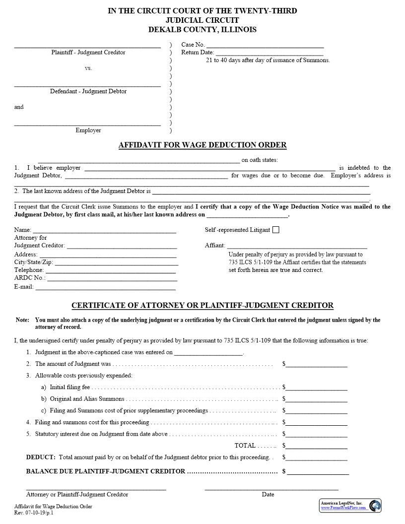 Affidavit For Wage Deduction Order | Pdf Fpdf Doc Docx | Illinois