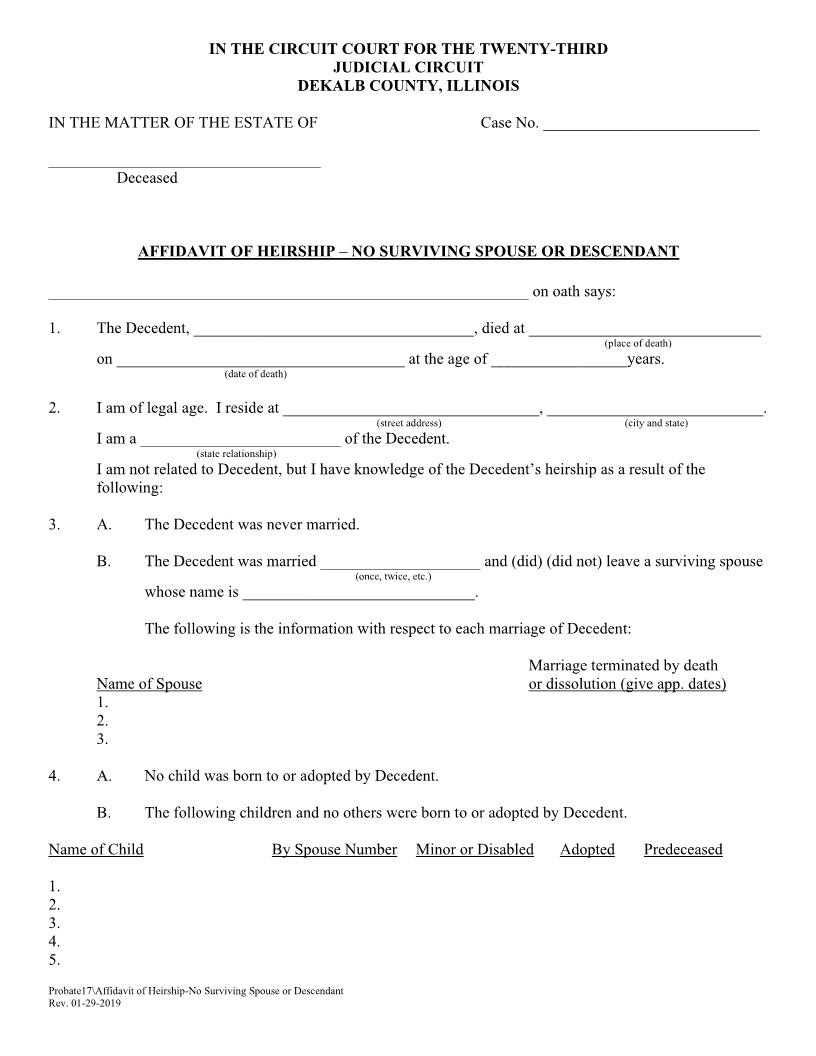 Affidavit Of Heirship - No Surviving Spouse Or Descendant {Probate17} | Pdf Fpdf Doc Docx | Illinois