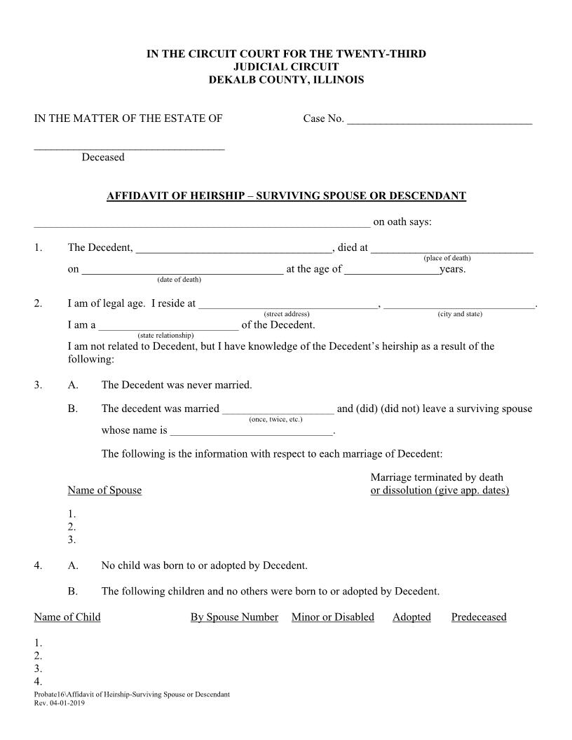 Affidavit Of Heirship - Surviving Spouse Or Descendant {Probate16} | Pdf Fpdf Doc Docx | Illinois