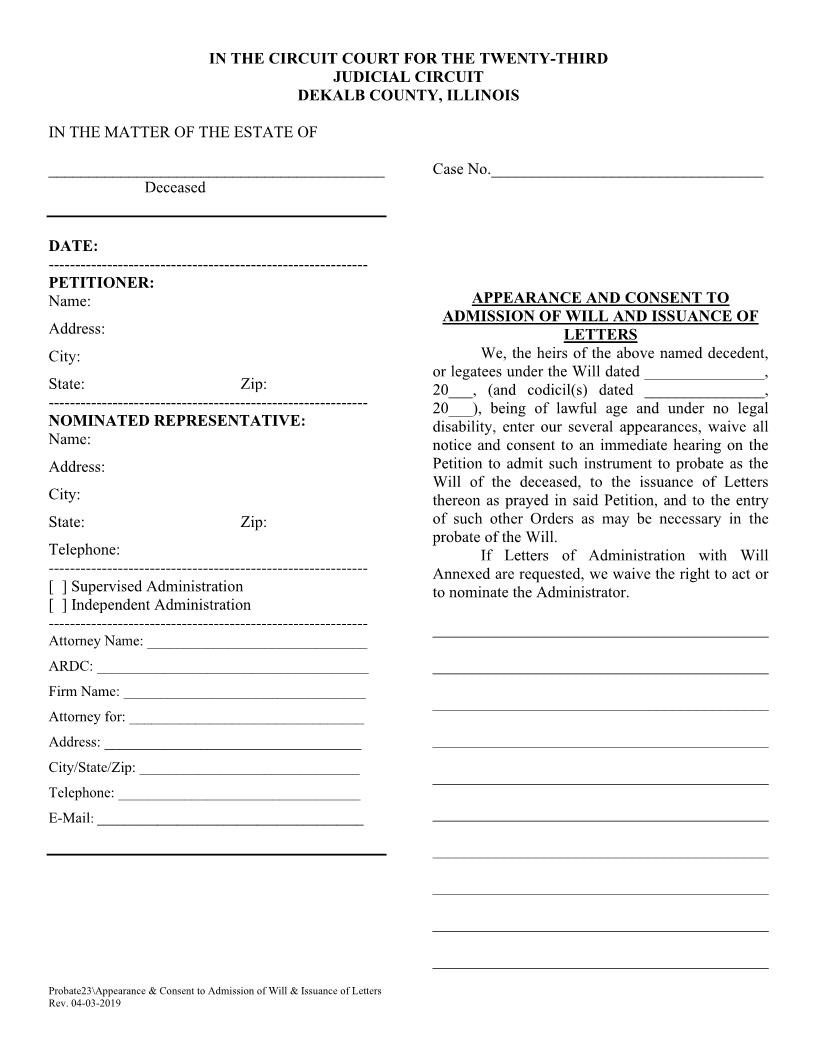 Appearance And Consent To Admission Of Will And Issuance Of Letters {Probate23} | Pdf Fpdf Doc Docx | Illinois